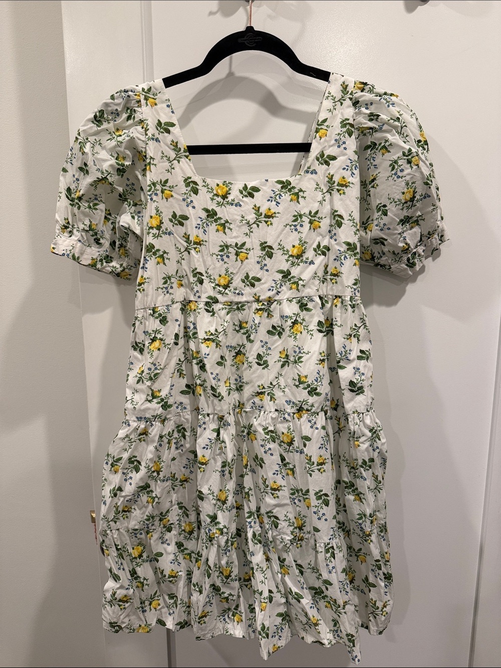 White Floral Puff Sleeve Mini Dress with Yellow Floral